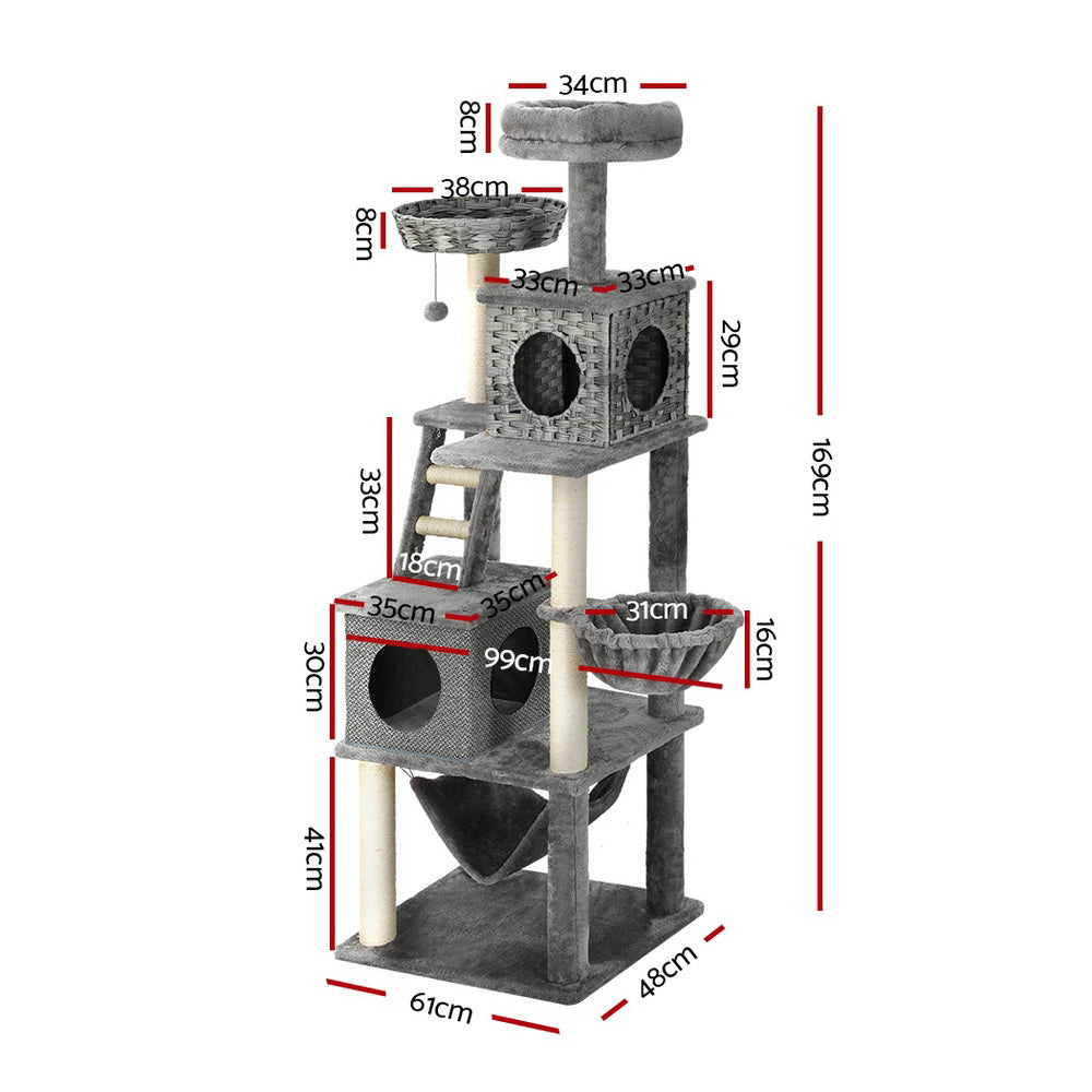i.Pet Cat Tree 169cm Tower Scratching Post Scratcher Wood Bed Condo House Rattan Ladder PET-CAT-RATTAN02-GR