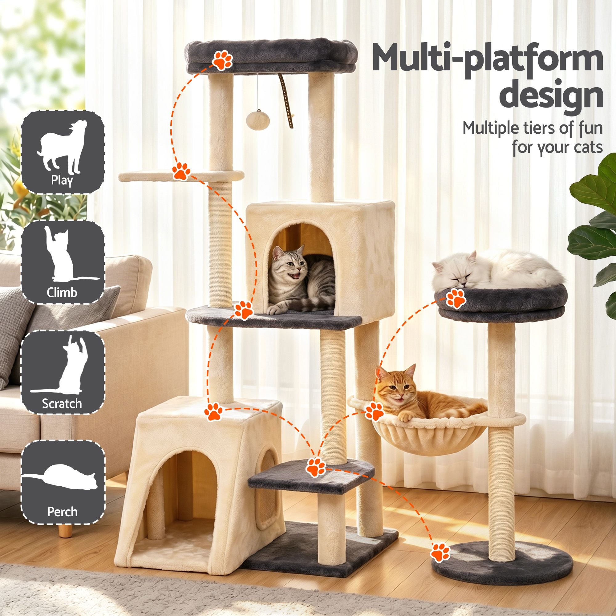 i.Pet Cat Tree Tower 133cm Rotatable L-Shape Design Scratching Post Furniture Scratcher House Grey & Beige PET-CAT-ROT-M133-GRBE