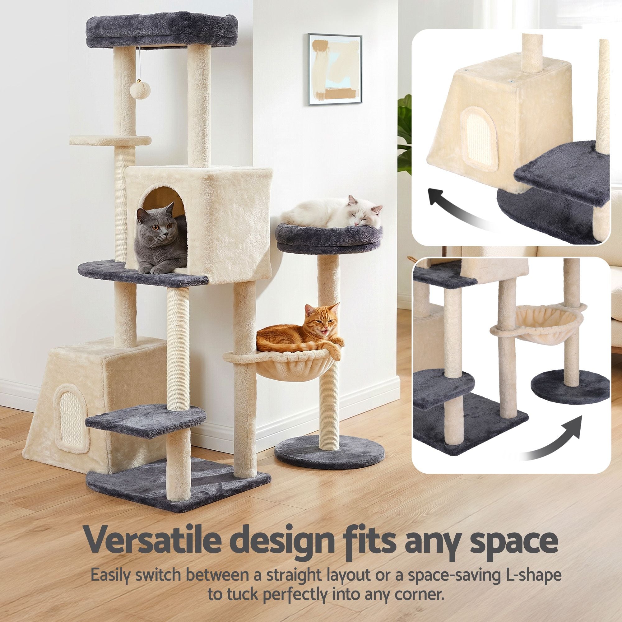 i.Pet Cat Tree Tower 133cm Rotatable L-Shape Design Scratching Post Furniture Scratcher House Grey & Beige PET-CAT-ROT-M133-GRBE