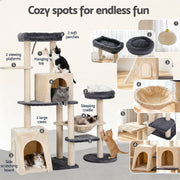 i.Pet Cat Tree Tower 133cm Rotatable L-Shape Design Scratching Post Furniture Scratcher House Grey & Beige PET-CAT-ROT-M133-GRBE