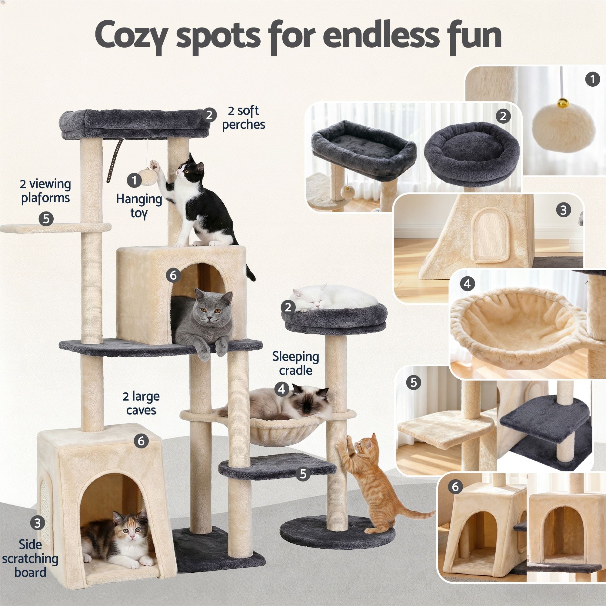i.Pet Cat Tree Tower 133cm Rotatable L-Shape Design Scratching Post Furniture Scratcher House Grey & Beige PET-CAT-ROT-M133-GRBE