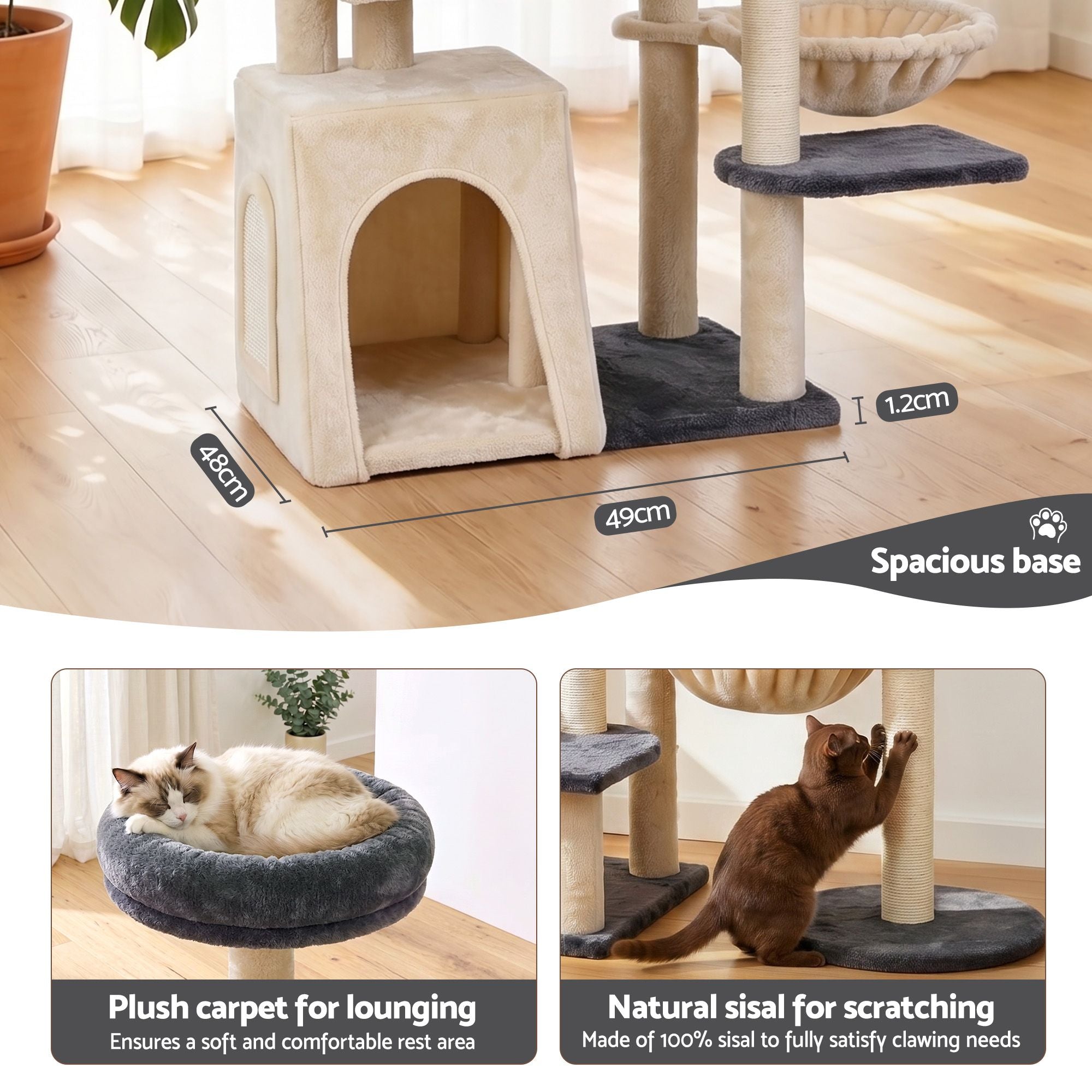 i.Pet Cat Tree Tower 133cm Rotatable L-Shape Design Scratching Post Furniture Scratcher House Grey & Beige PET-CAT-ROT-M133-GRBE