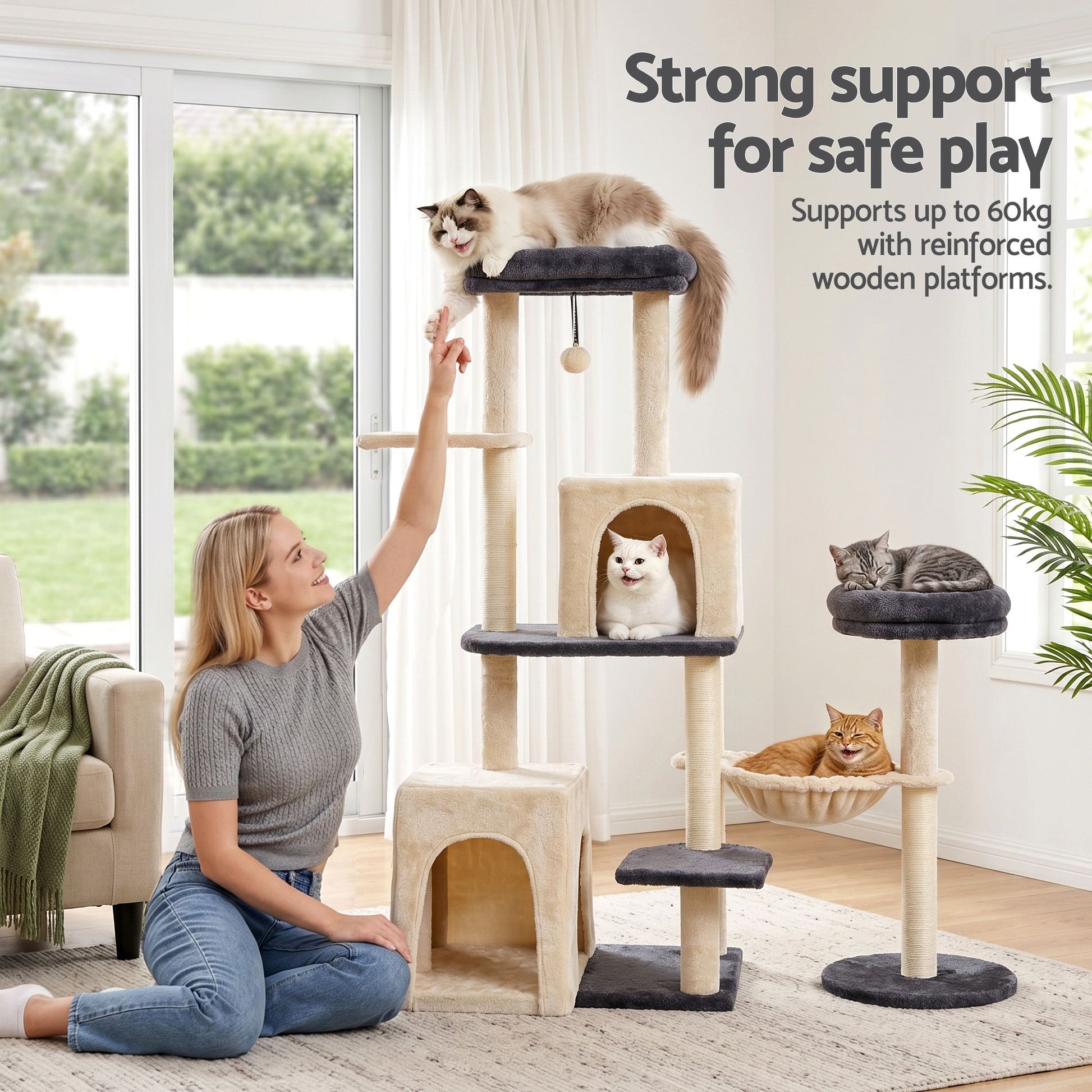 i.Pet Cat Tree Tower 133cm Rotatable L-Shape Design Scratching Post Furniture Scratcher House Grey & Beige PET-CAT-ROT-M133-GRBE