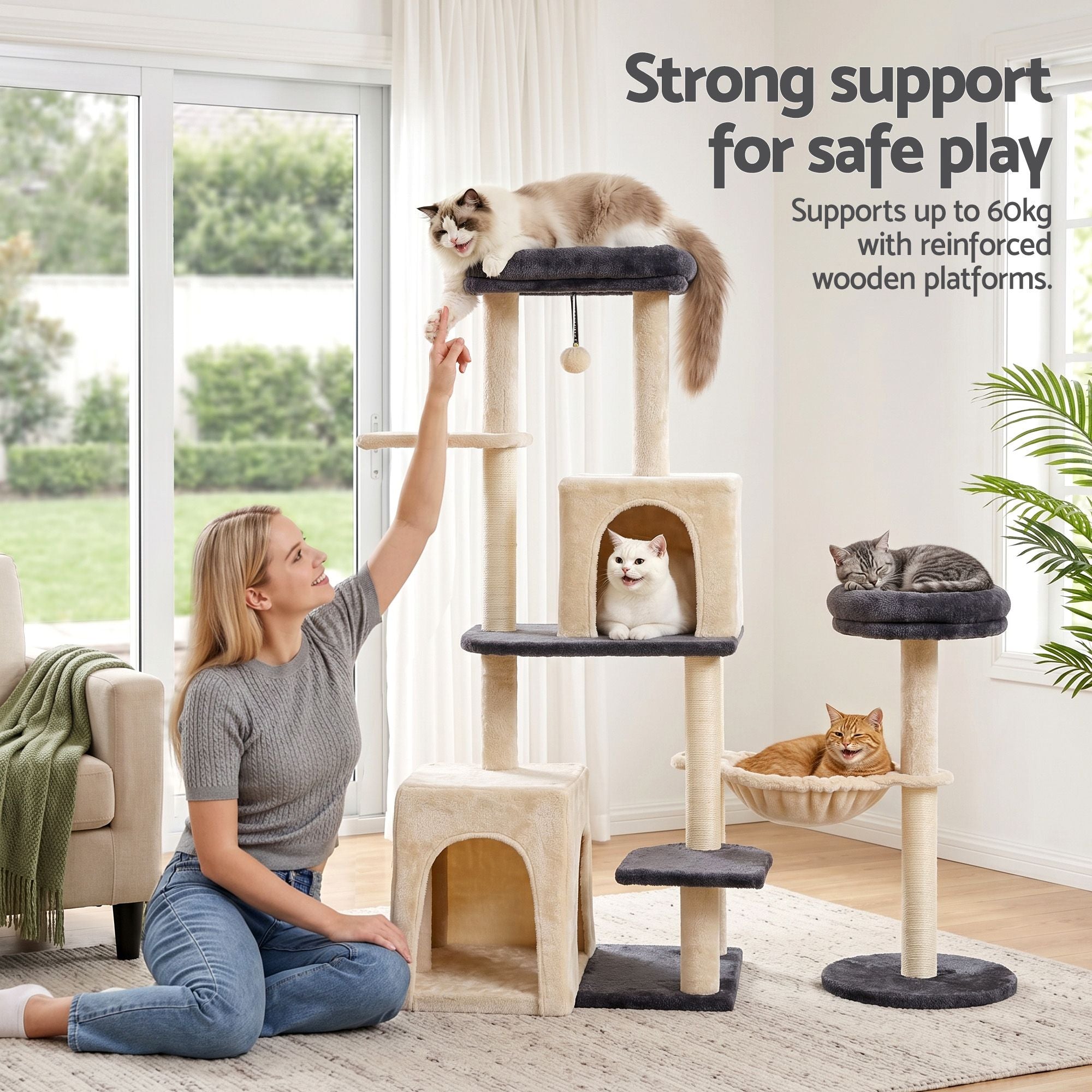 i.Pet Cat Tree Tower 133cm Rotatable L-Shape Design Scratching Post Furniture Scratcher House Grey & Beige PET-CAT-ROT-M133-GRBE