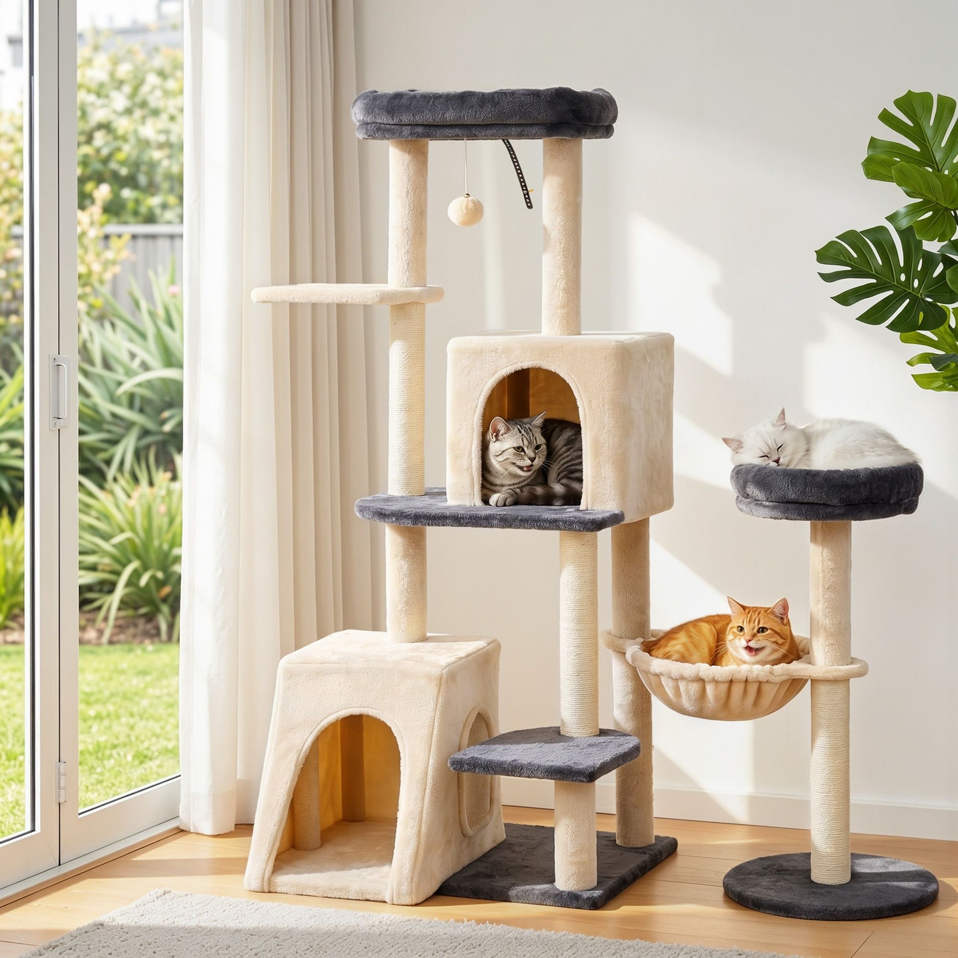 i.Pet Cat Tree Tower 133cm Rotatable L-Shape Design Scratching Post Furniture Scratcher House Grey & Beige PET-CAT-ROT-M133-GRBE