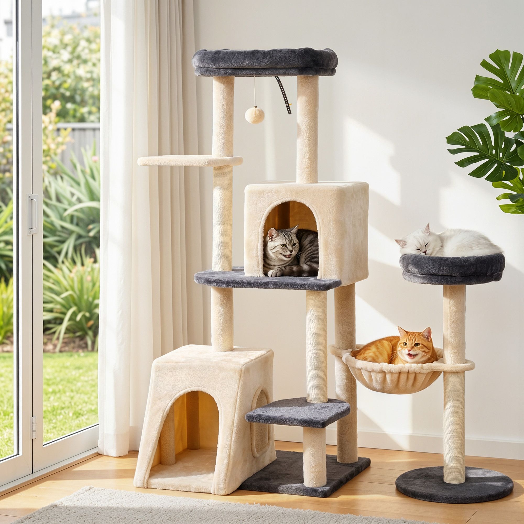 i.Pet Cat Tree Tower 133cm Rotatable L-Shape Design Scratching Post Furniture Scratcher House Grey & Beige PET-CAT-ROT-M133-GRBE
