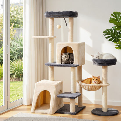 i.Pet Cat Tree Tower 133cm Rotatable L-Shape Design Scratching Post Furniture Scratcher House Grey & Beige PET-CAT-ROT-M133-GRBE