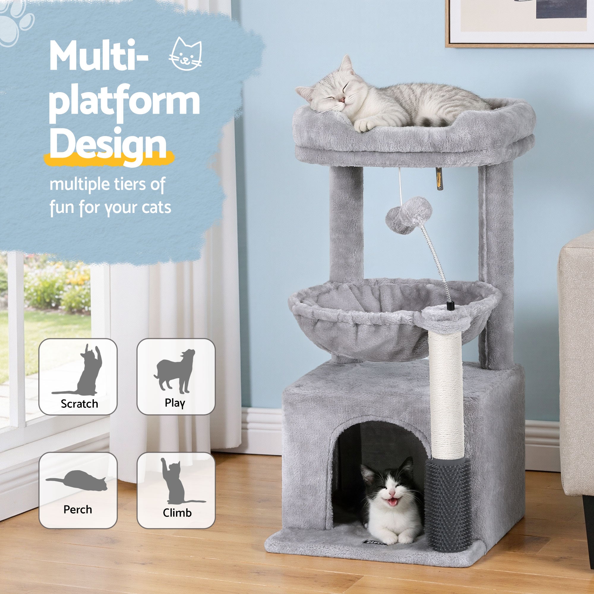 i.Pet Cat Tree Tower 82cm Scratching Post Furniture Scratcher House Light Grey PET-CAT-S82-LTGR