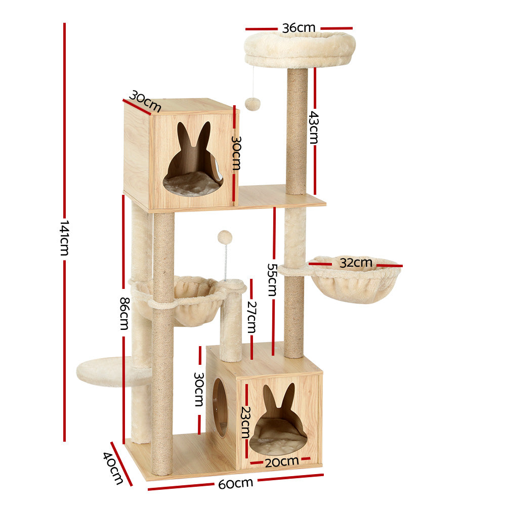 i.Pet Cat Tree 141cm Tower Scratching Post Scratcher Wood Bed Condo Toys House Ladder PET-CAT-WOOD02-BE