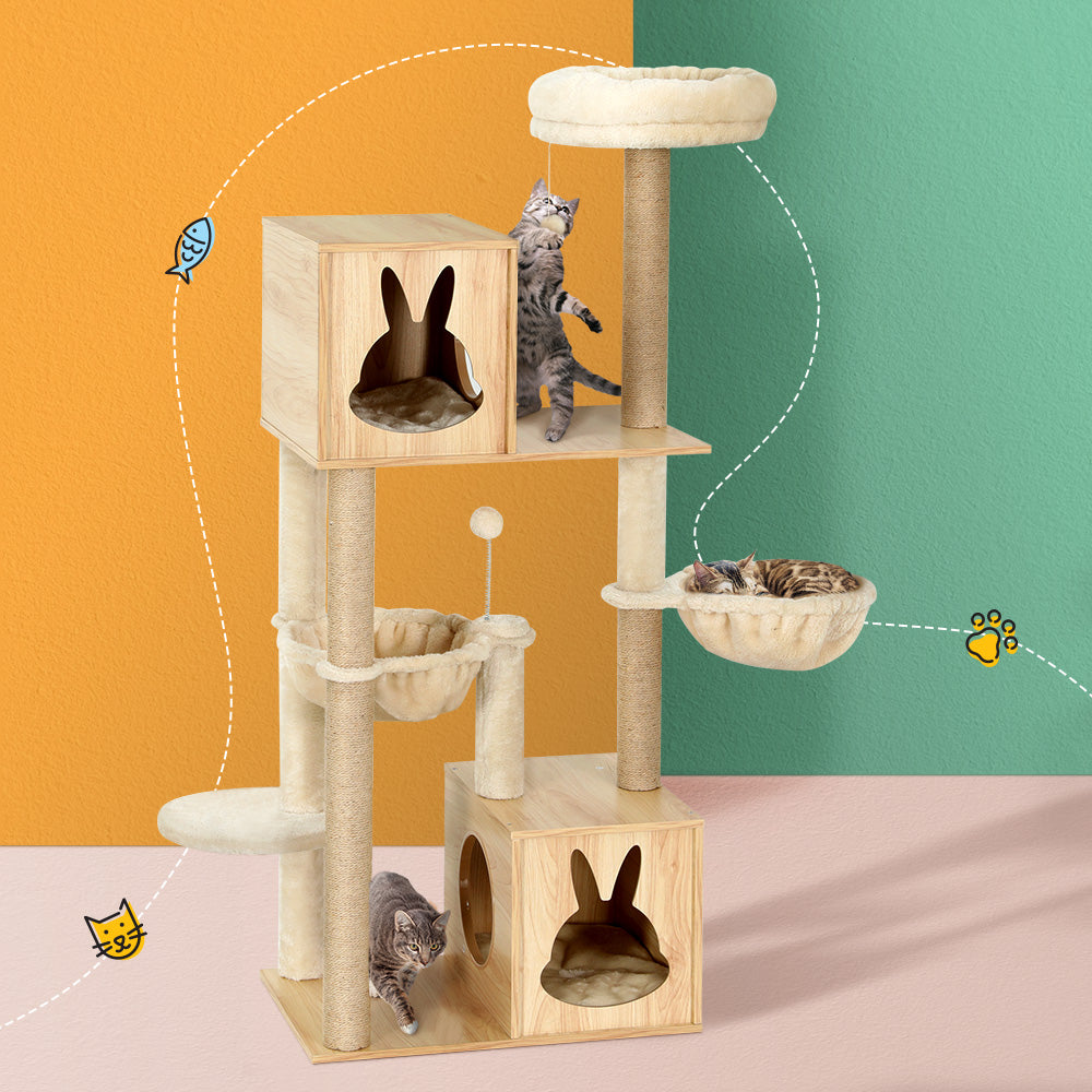 i.Pet Cat Tree 141cm Tower Scratching Post Scratcher Wood Bed Condo Toys House Ladder PET-CAT-WOOD02-BE