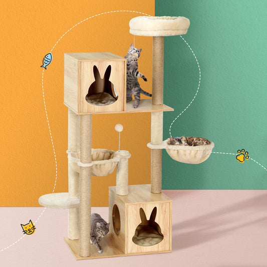 i.Pet Cat Tree 141cm Tower Scratching Post Scratcher Wood Bed Condo Toys House Ladder PET-CAT-WOOD02-BE