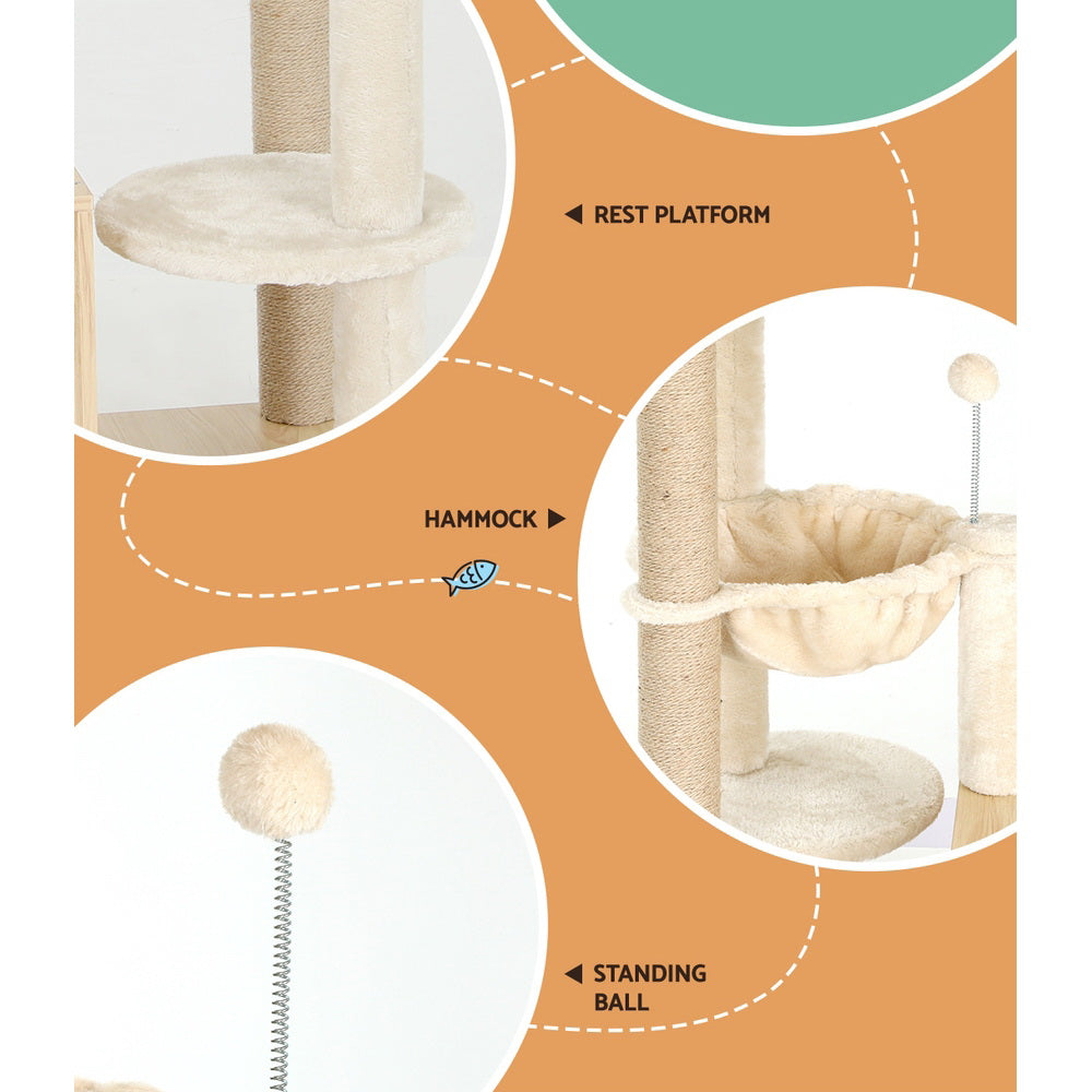 i.Pet Cat Tree 141cm Tower Scratching Post Scratcher Wood Bed Condo Toys House Ladder PET-CAT-WOOD02-BE