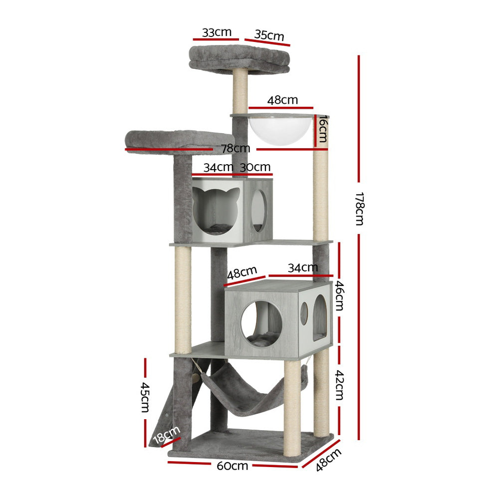 i.Pet Cat Tree 178cm Tower Scratching Post Scratcher Wood Bed Condo House Wooden Ladder PET-CAT-WOOD03-GR-AB