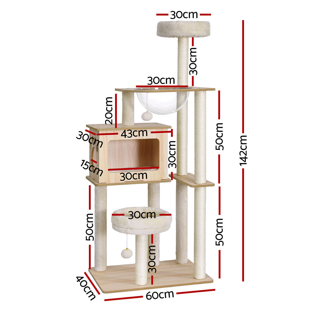 i.Pet Cat Tree Tower Scratching Post Scratcher 142cm Wood Bed Condo House PET-CAT-WOOD142-BE
