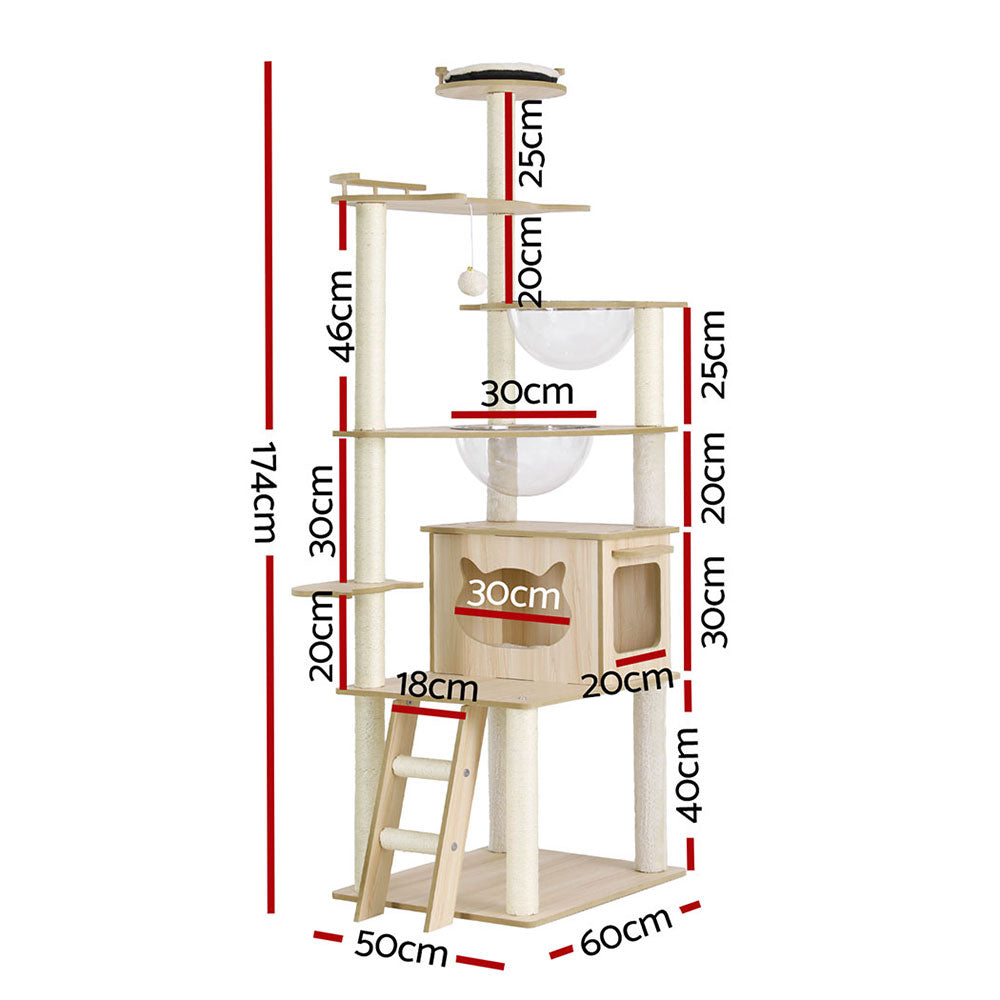 i.Pet Cat Tree Tower Scratching Post Scratcher 174cm Wood Bed Condo House Ladder PET-CAT-WOOD174-BE