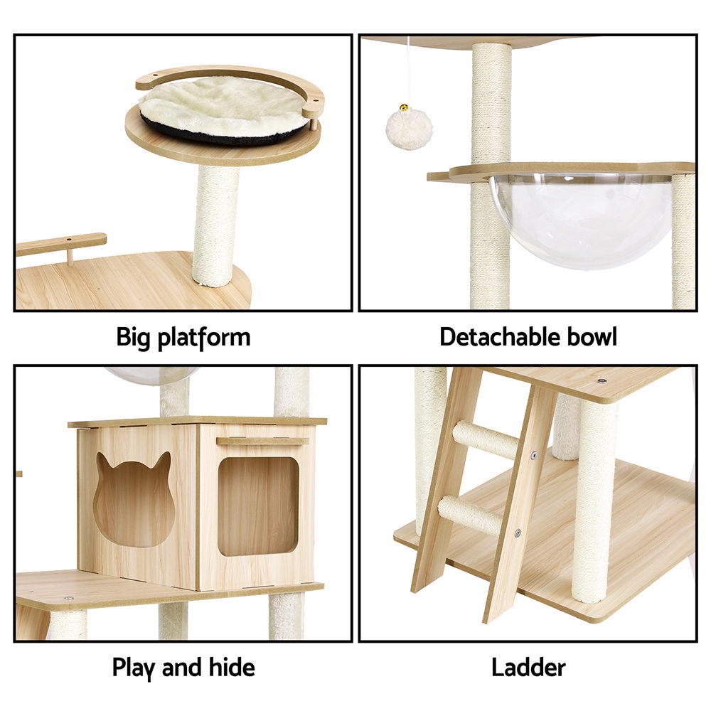 i.Pet Cat Tree Tower Scratching Post Scratcher 174cm Wood Bed Condo House Ladder PET-CAT-WOOD174-BE