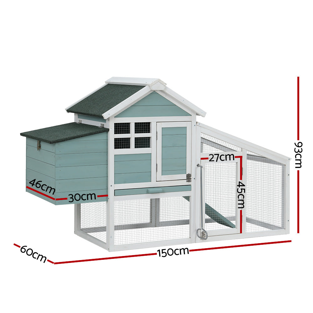 i.Pet Chicken Coop Rabbit Hutch 150cm x 60cm x 93cm Large Chicken Coop House Run Cage Wooden PET-CH-100-GW