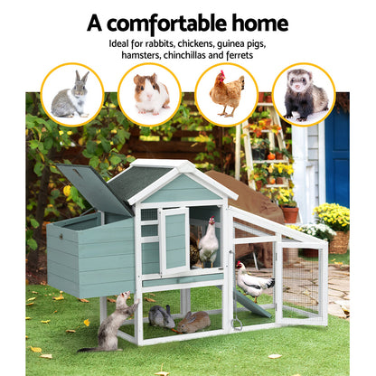 i.Pet Chicken Coop Rabbit Hutch 150cm x 60cm x 93cm Large Chicken Coop House Run Cage Wooden PET-CH-100-GW