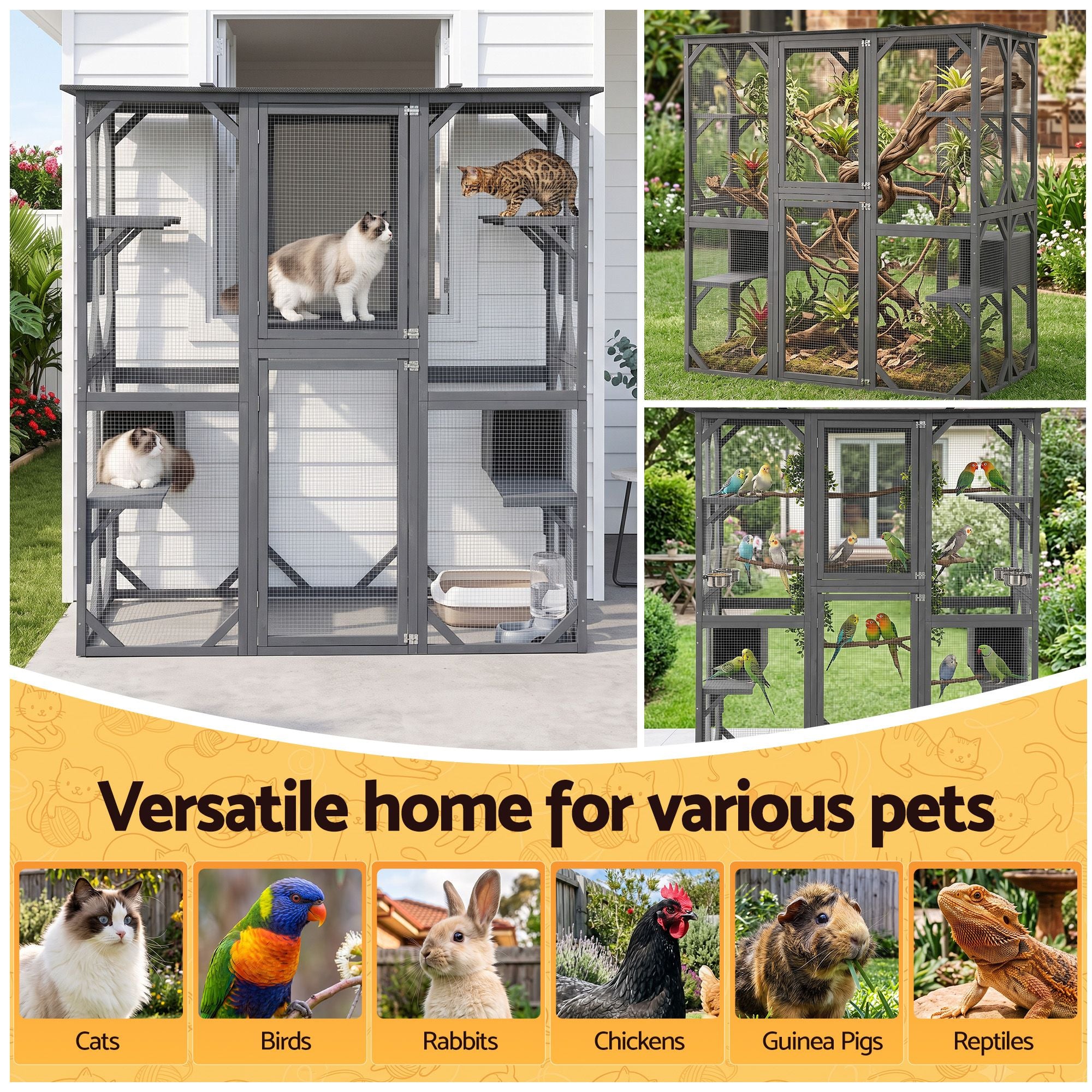 i.Pet Cat House 181cm Outdoor Catio Enclosure Walk-In Large Rabbit Hutch Grey