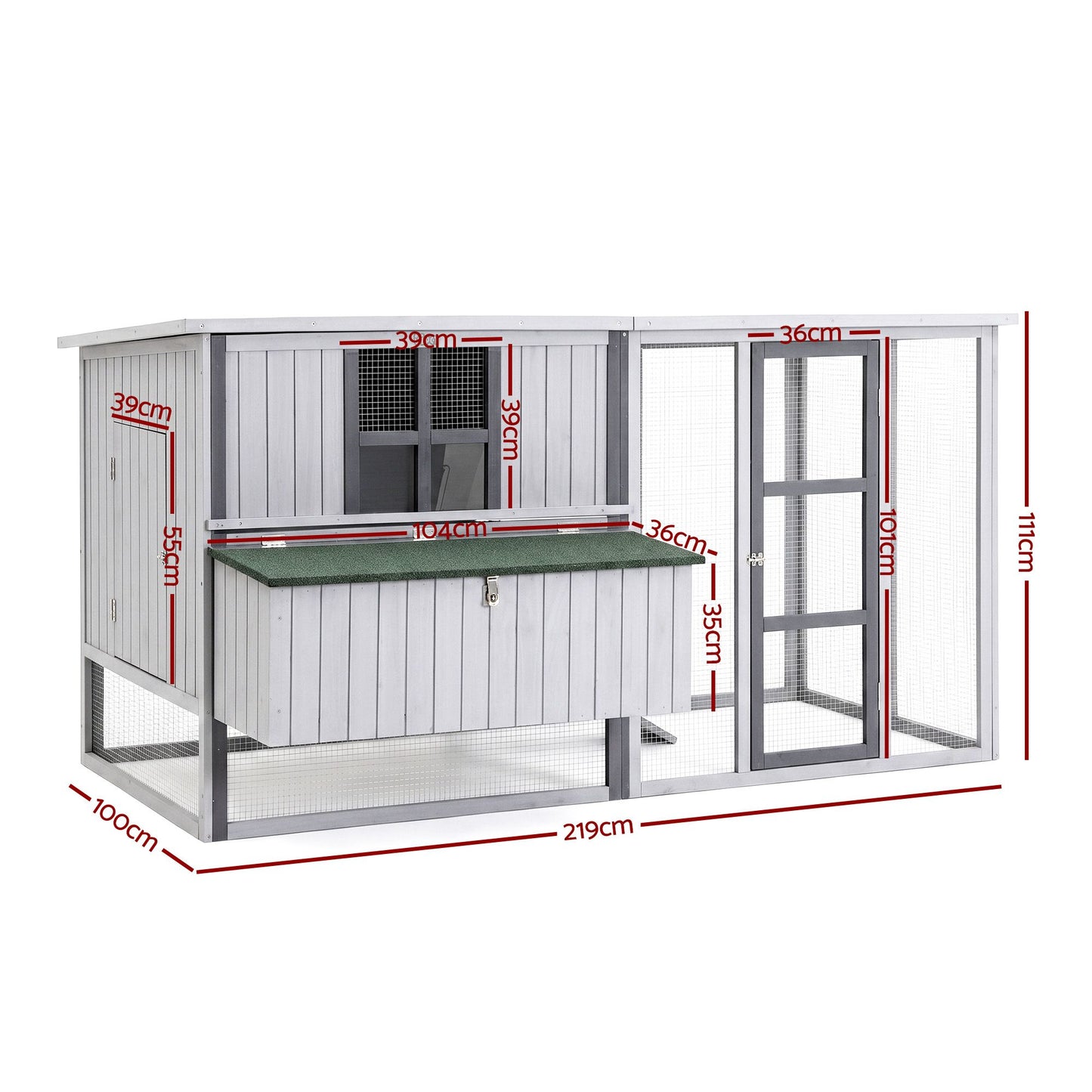i.Pet Chicken Coop 219cm Rabbit Hutch Poultry Cage Outdoor Enclosure Wood PET-CH-219-LTGR-ABC