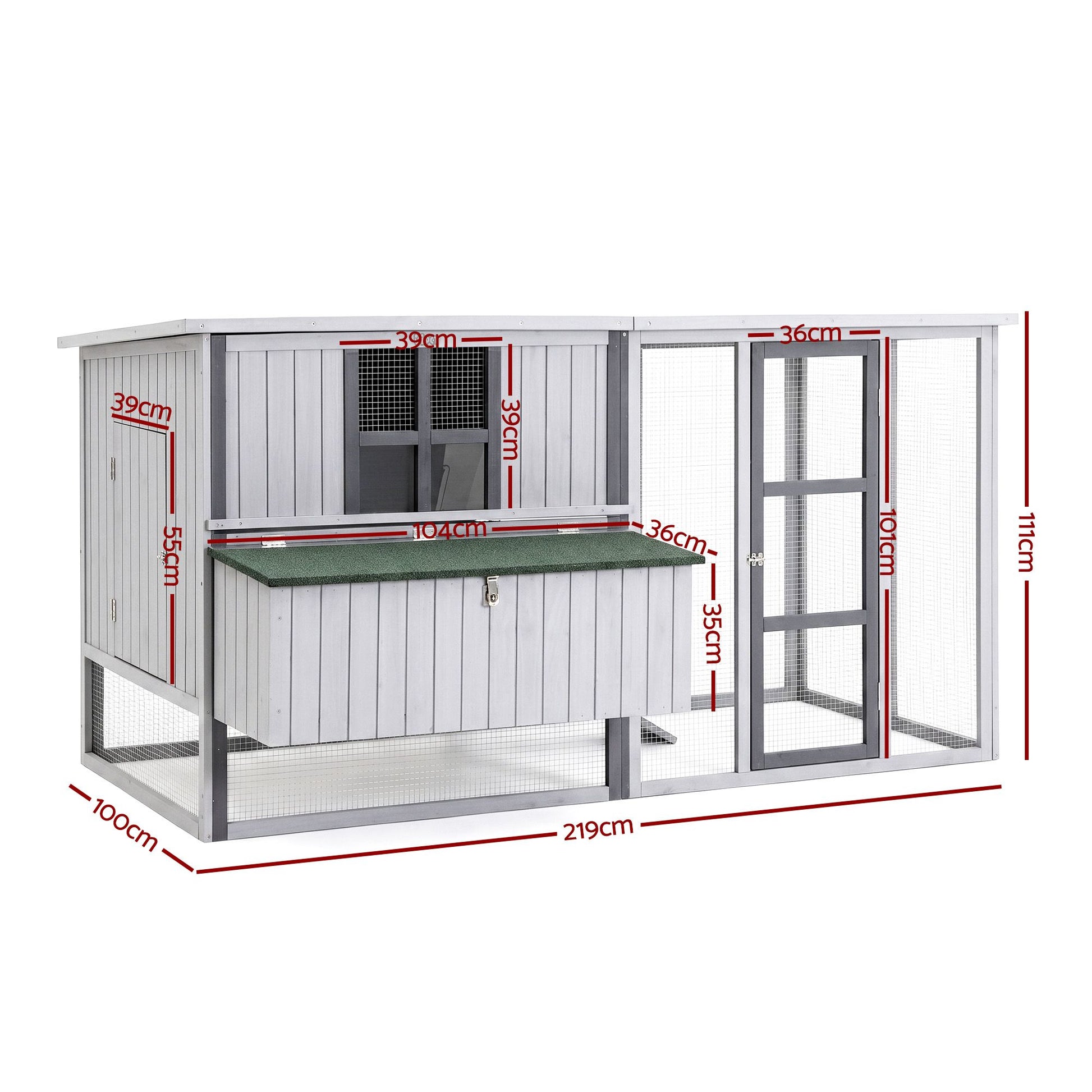 i.Pet Chicken Coop 219cm Rabbit Hutch Poultry Cage Outdoor Enclosure Wood PET-CH-219-LTGR-ABC