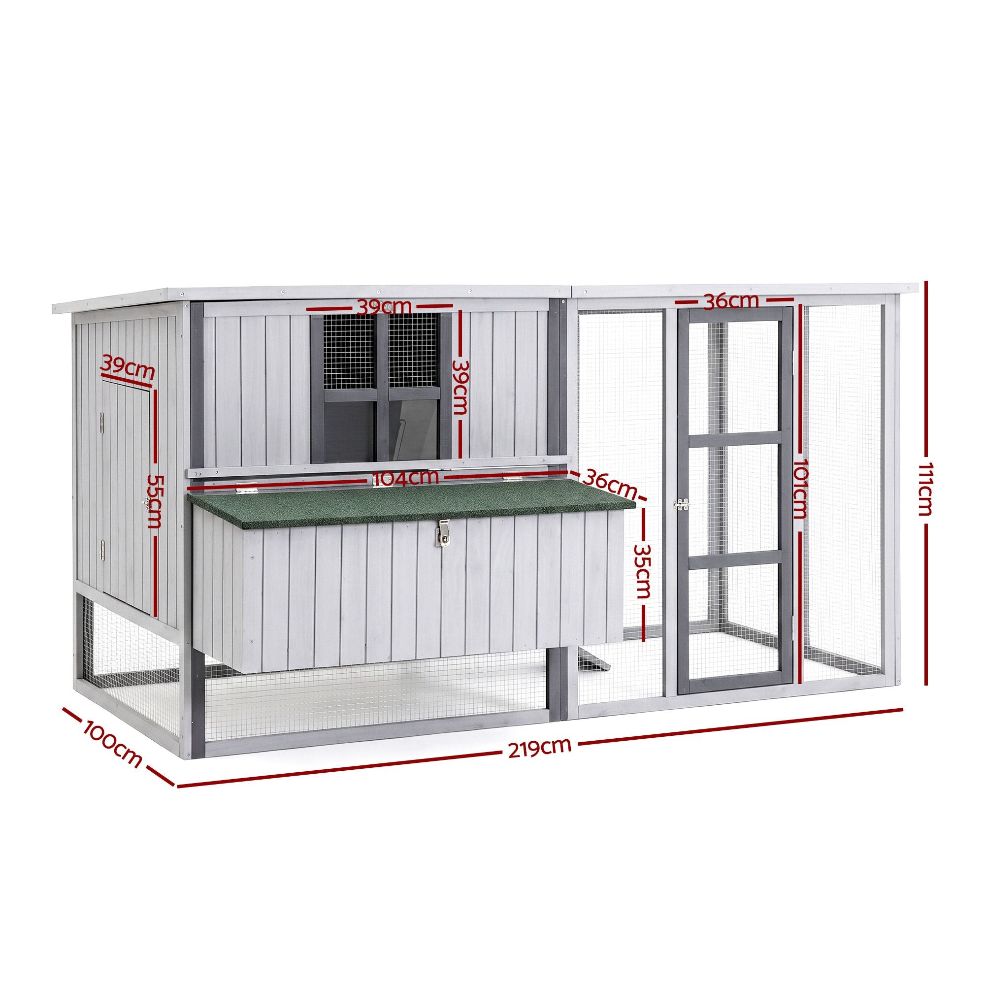 i.Pet Chicken Coop 219cm Rabbit Hutch Poultry Cage Outdoor Enclosure Wood PET-CH-219-LTGR-ABC