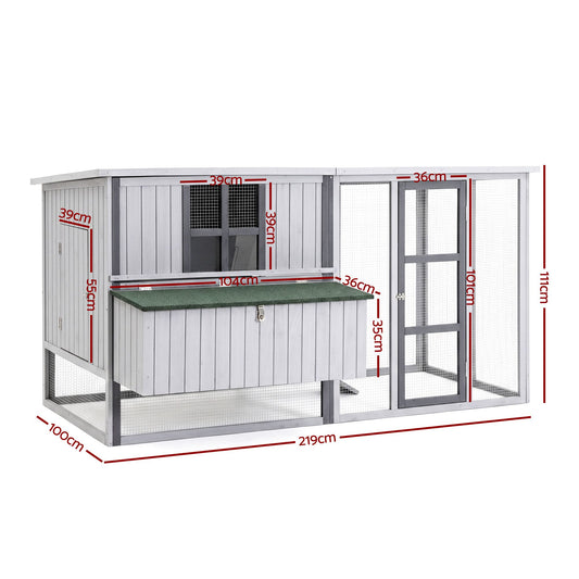 i.Pet Chicken Coop 219cm Rabbit Hutch Poultry Cage Outdoor Enclosure Wood PET-CH-219-LTGR-ABC