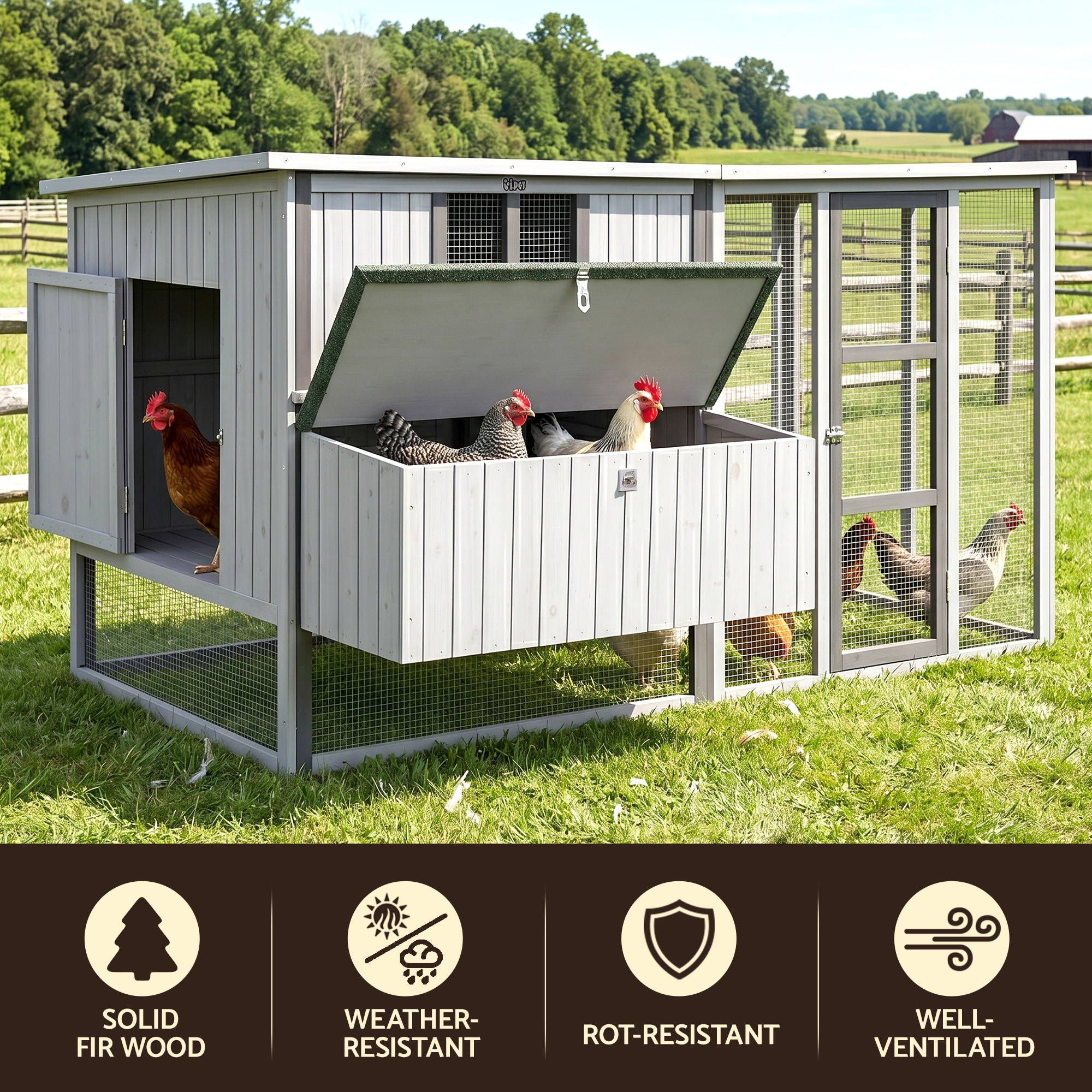 i.Pet Chicken Coop 219cm Rabbit Hutch Poultry Cage Outdoor Enclosure Wood PET-CH-219-LTGR-ABC