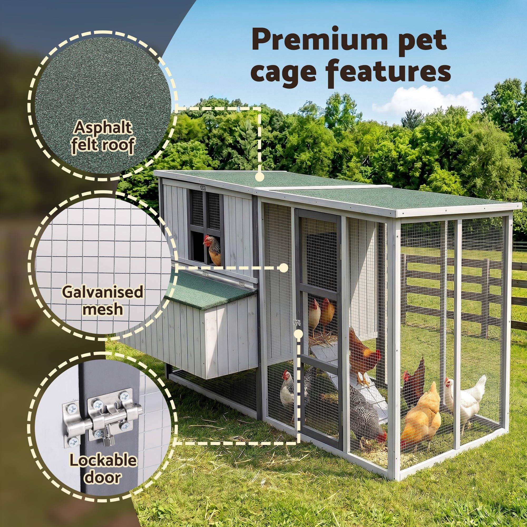 i.Pet Chicken Coop 219cm Rabbit Hutch Poultry Cage Outdoor Enclosure Wood PET-CH-219-LTGR-ABC