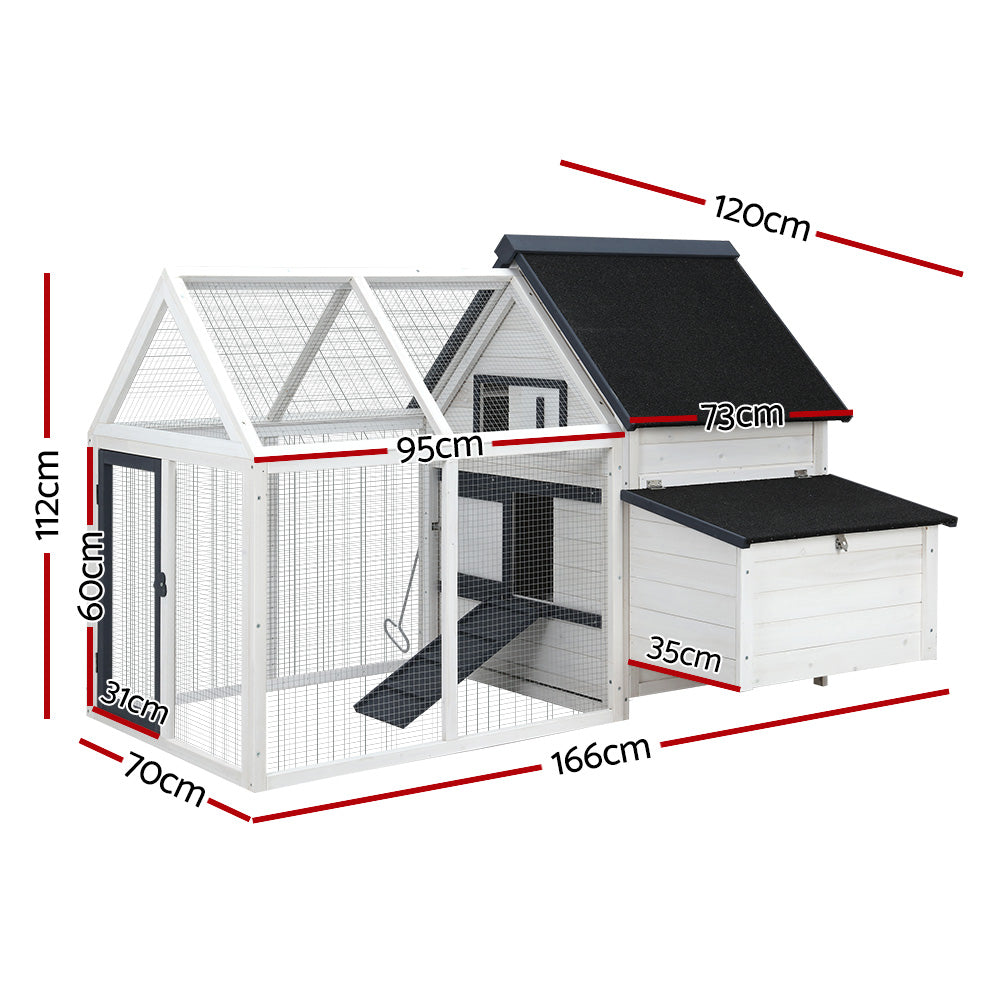 i.Pet Chicken Coop Rabbit Hutch 166cm x 120cm x 112cm Large Chicken Coop House Run Cage Wooden PET-CH-310026-WH-AB