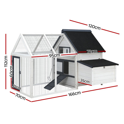 i.Pet Chicken Coop Rabbit Hutch 166cm x 120cm x 112cm Large Chicken Coop House Run Cage Wooden PET-CH-310026-WH-AB