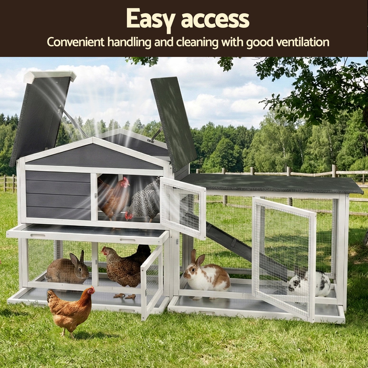 i.Pet Chicken Coop Rabbit Hutch Extra Large Wooden Run Cage House With Run Cage PET-CH-3TRAY-GR-AB