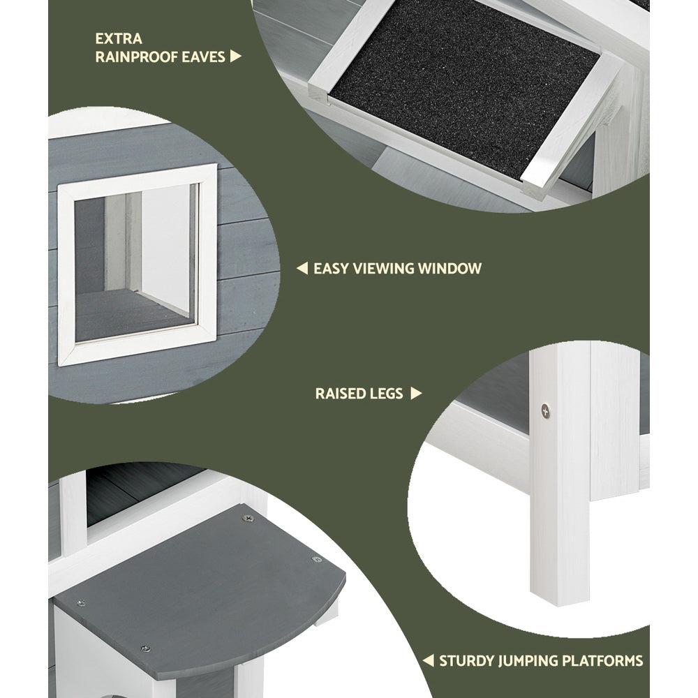 i.Pet Outdoor Cat House Shelter 56cm x 52cm x 82cm Rabbit Hutch Wooden Condo Small Outdoor Cat House PET-CH-81-GR