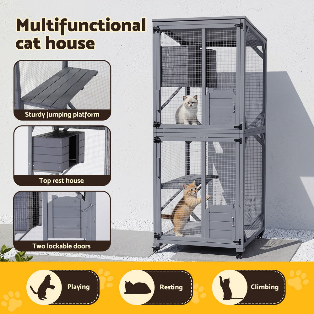 i.Pet Cat House Wooden 180cm Rabbit Hutch Pet Condo Small Dog Enclosure Cage PET-CH-H180-GR