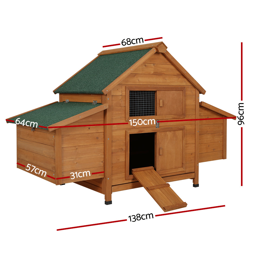 i.Pet Chicken Coop Rabbit Hutch 150cm x 68cm x 96cm Large Chicken Coop House Run Cage Wooden PET-CH-IDCNESTIE-BR