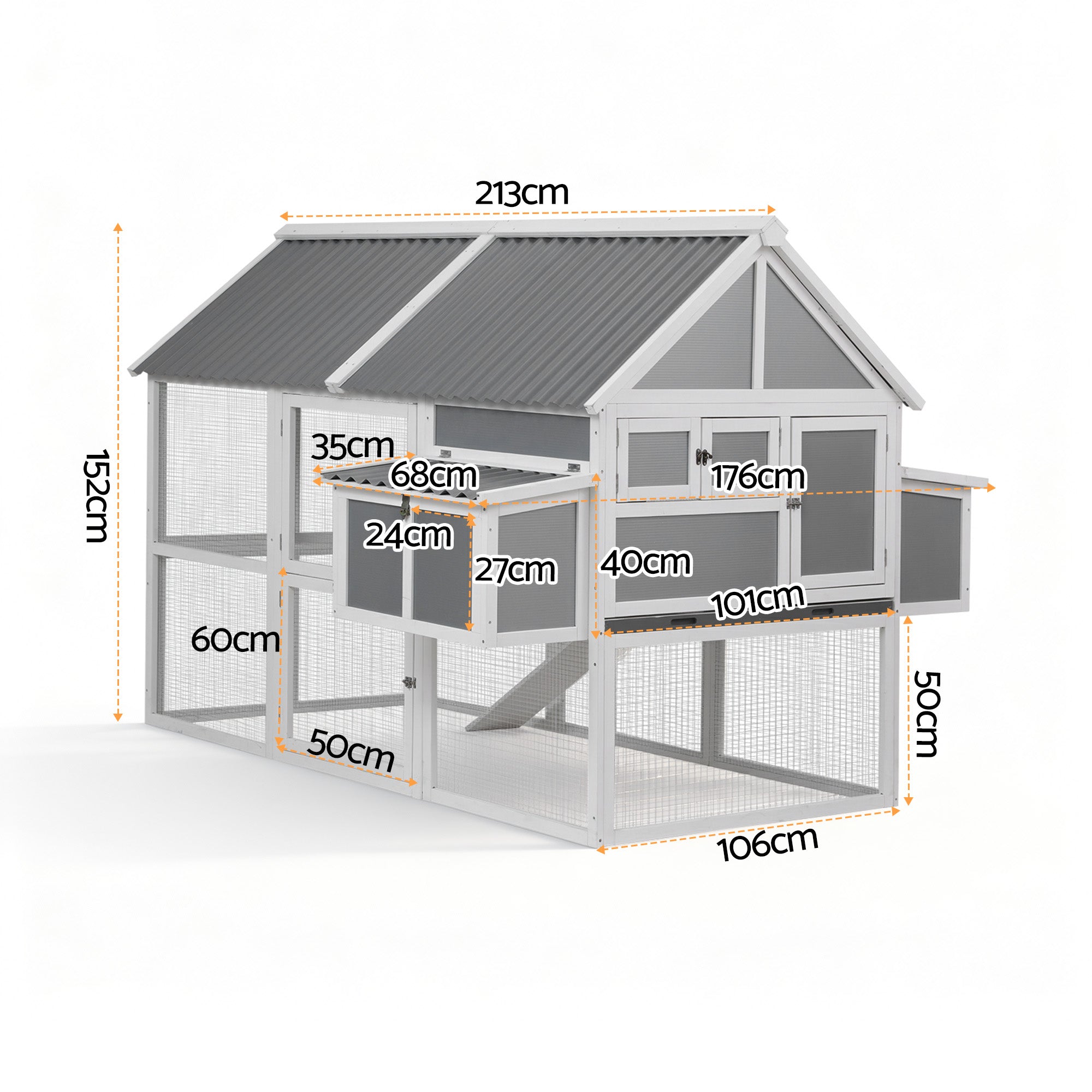 i.Pet Chicken Coop Large Outdoor Rabbit Hutch Chook House Hatch Box With Run Grey White PET-CH-P213-GR-AB