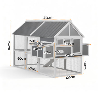 i.Pet Chicken Coop Large Outdoor Rabbit Hutch Chook House Hatch Box With Run Grey White PET-CH-P213-GR-AB