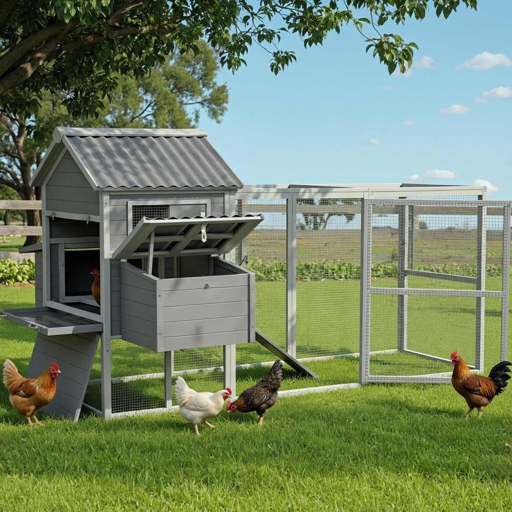 i.Pet Chicken Coop Rabbit Hutch Extra Large Wooden Run Bunny Cage Poultry House Outdoor PET-CH-P228-GR-AB