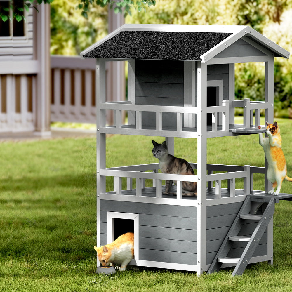 i.Pet Outdoor Cat House Shelter 72cm x 72cm x 127cm Rabbit Hutch Wooden Condo Small Outdoor Cat House PET-CH-R126-GR-AB