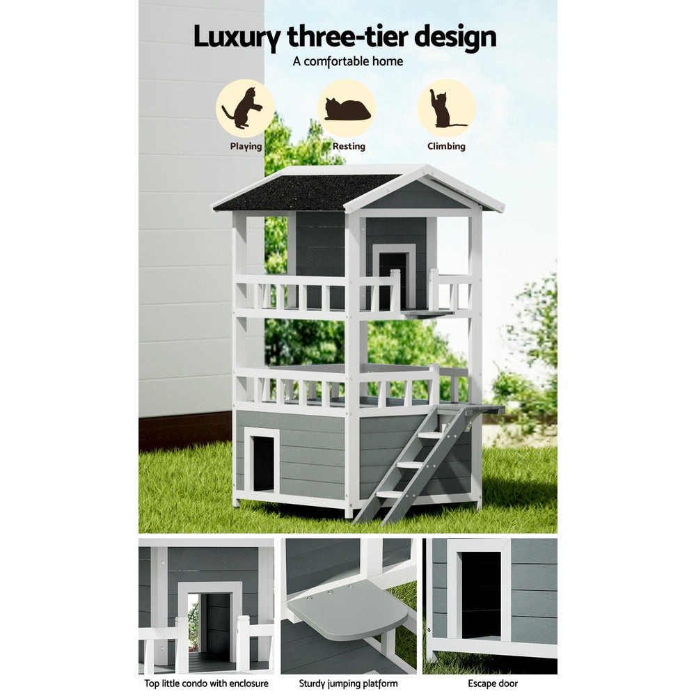 i.Pet Outdoor Cat House Shelter 72cm x 72cm x 127cm Rabbit Hutch Wooden Condo Small Outdoor Cat House PET-CH-R126-GR-AB