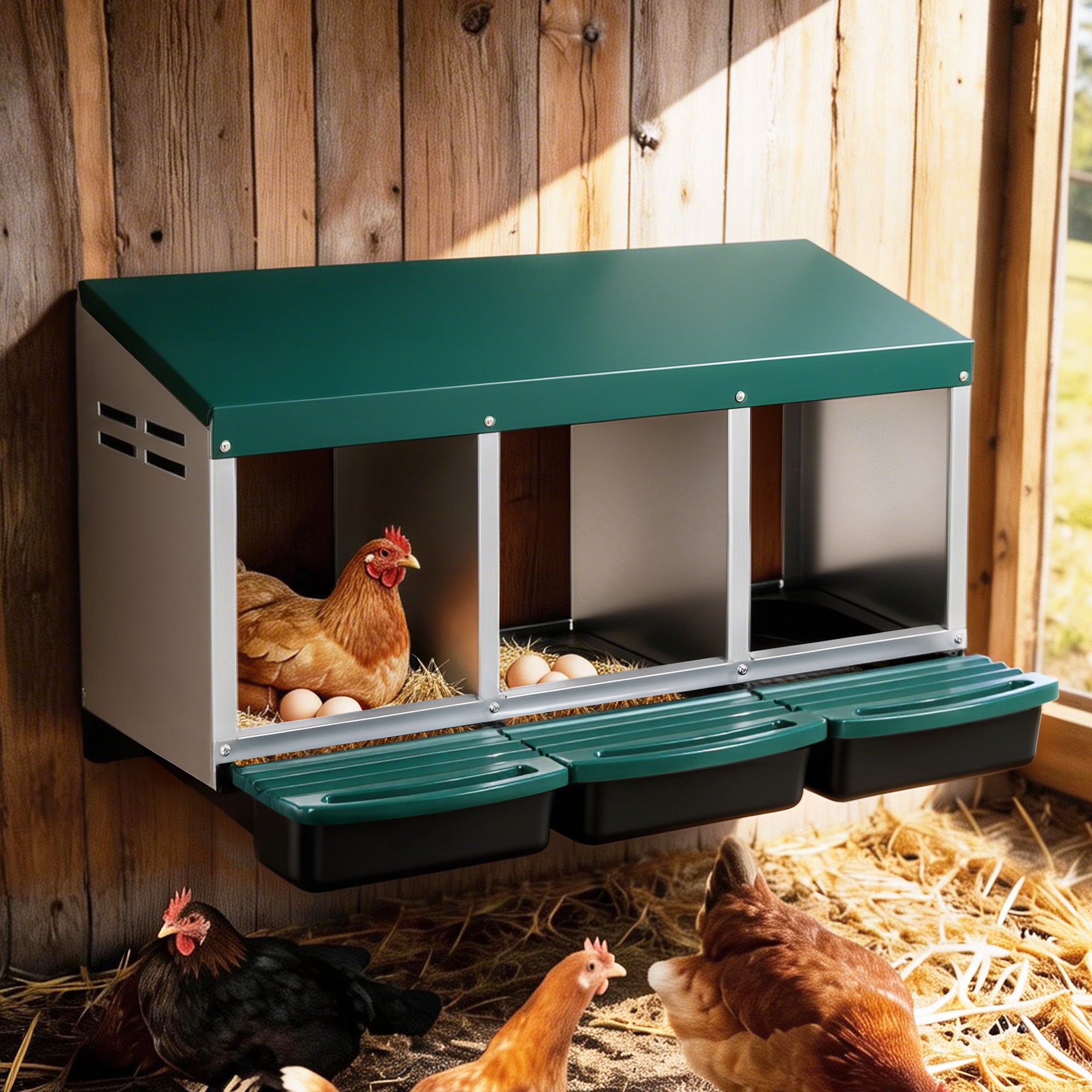 i.Pet Chicken Nesting Box Roll Away 3 Holes Metal Wall Mounted Nest Box Green PET-CHICK-BOX-3H-GN
