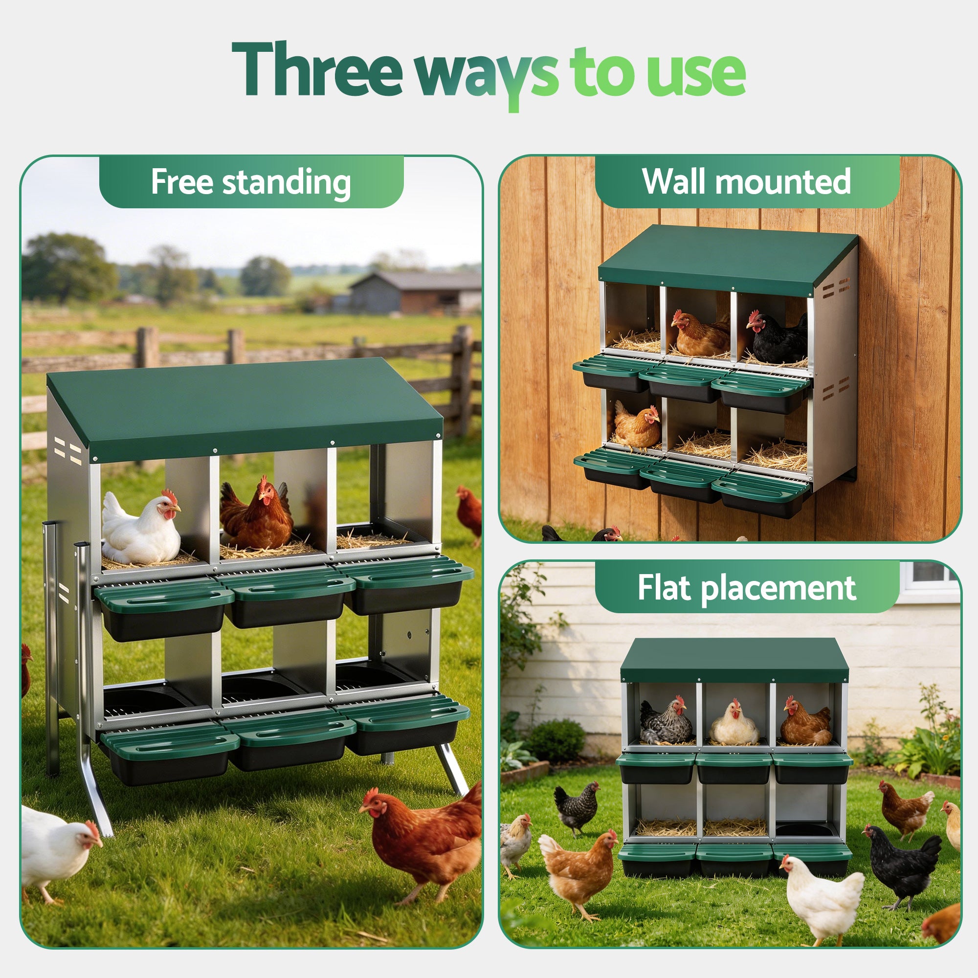 i.Pet Chicken Nesting Box Roll Away Metal Nesting Box Wall Mounted 6 Holes Green PET-CHICK-BOX-6H-EL-GN