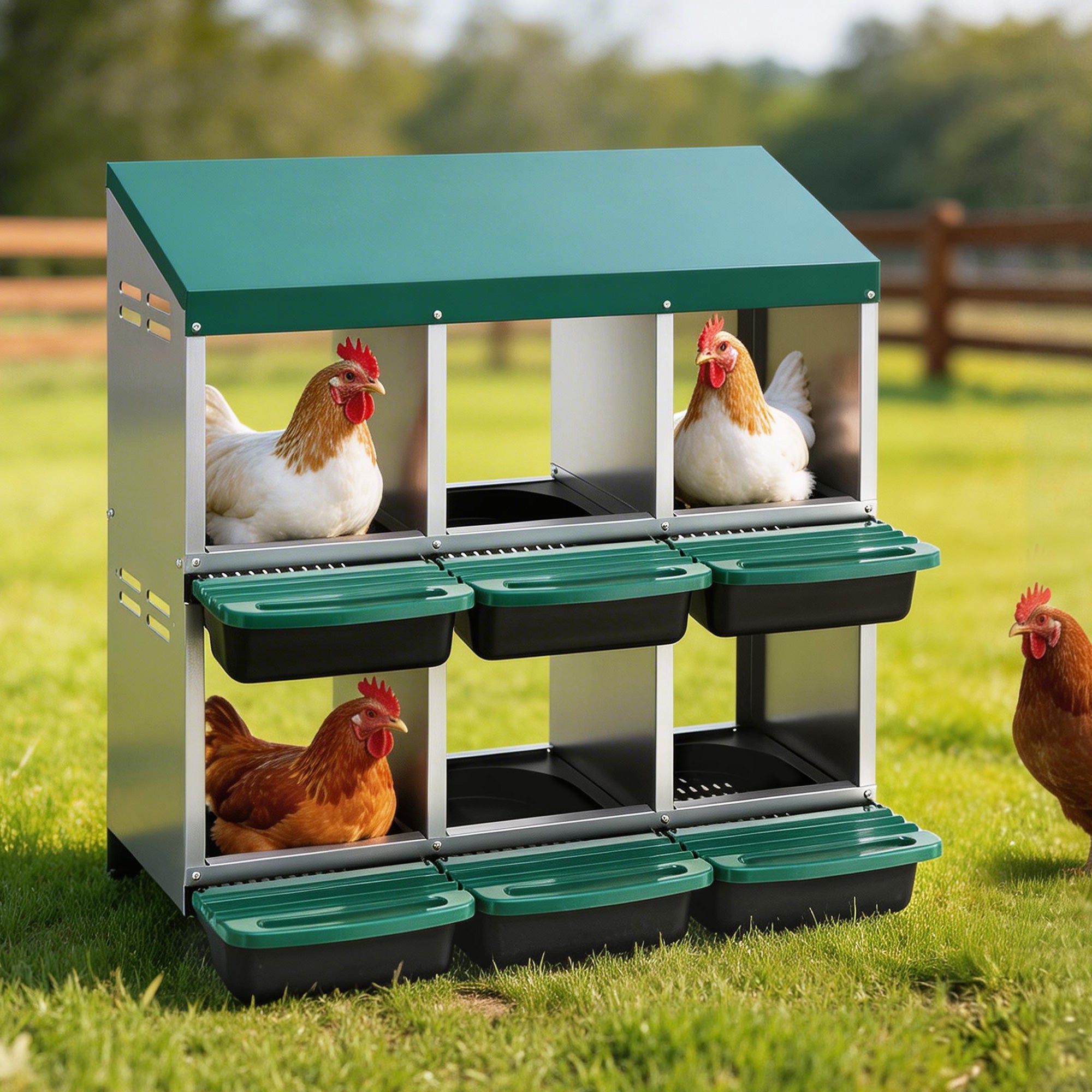 i.Pet Chicken Nesting Box Roll Away Metal Nesting Box Wall Mounted 6 Holes Green PET-CHICK-BOX-6H-GN