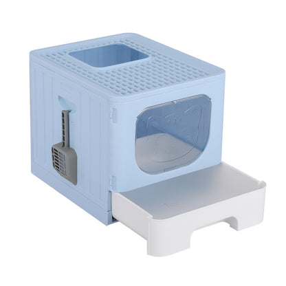 i.Pet Cat Litter Box Large Tray Kitty Toilet Enclosed Hooded Foldable Cat Litter Box Scoop Blue PET-CLB-BL