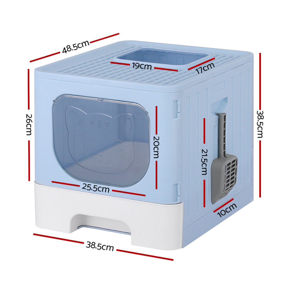 i.Pet Cat Litter Box Large Tray Kitty Toilet Enclosed Hooded Foldable Cat Litter Box Scoop Blue PET-CLB-BL