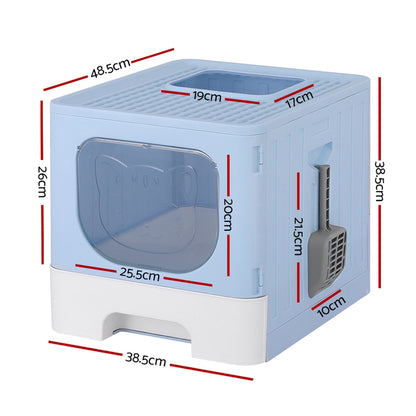 i.Pet Cat Litter Box Large Tray Kitty Toilet Enclosed Hooded Foldable Cat Litter Box Scoop Blue PET-CLB-BL