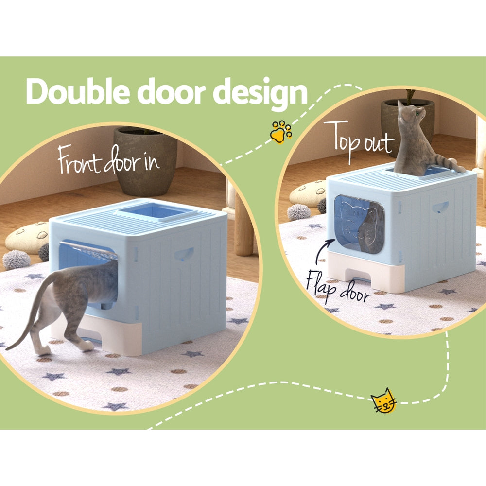 i.Pet Cat Litter Box Large Tray Kitty Toilet Enclosed Hooded Foldable Cat Litter Box Scoop Blue PET-CLB-BL