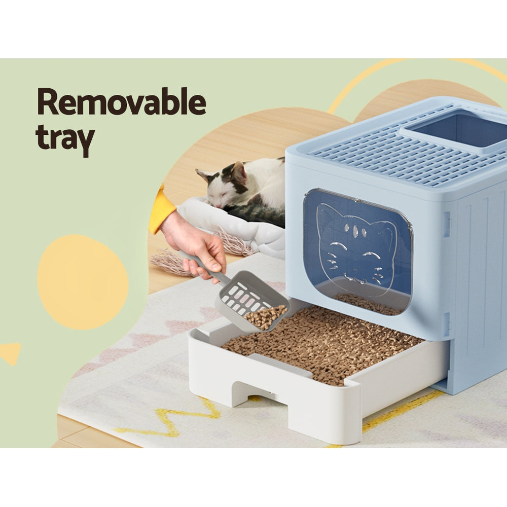 i.Pet Cat Litter Box Large Tray Kitty Toilet Enclosed Hooded Foldable Cat Litter Box Scoop Blue PET-CLB-BL