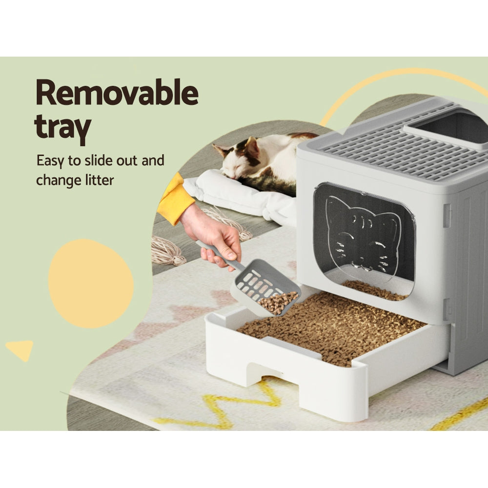 i.Pet Cat Litter Box Large Tray Kitty Toilet Enclosed Hooded Foldable Cat Litter Box Scoop Grey