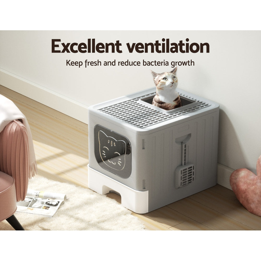 i.Pet Cat Litter Box Large Tray Kitty Toilet Enclosed Hooded Foldable Cat Litter Box Scoop Grey PET-CLB-GR